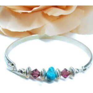 Vintage Bracelet Sterling Silver 925 Turquoise Purple Bead Latching Bangle